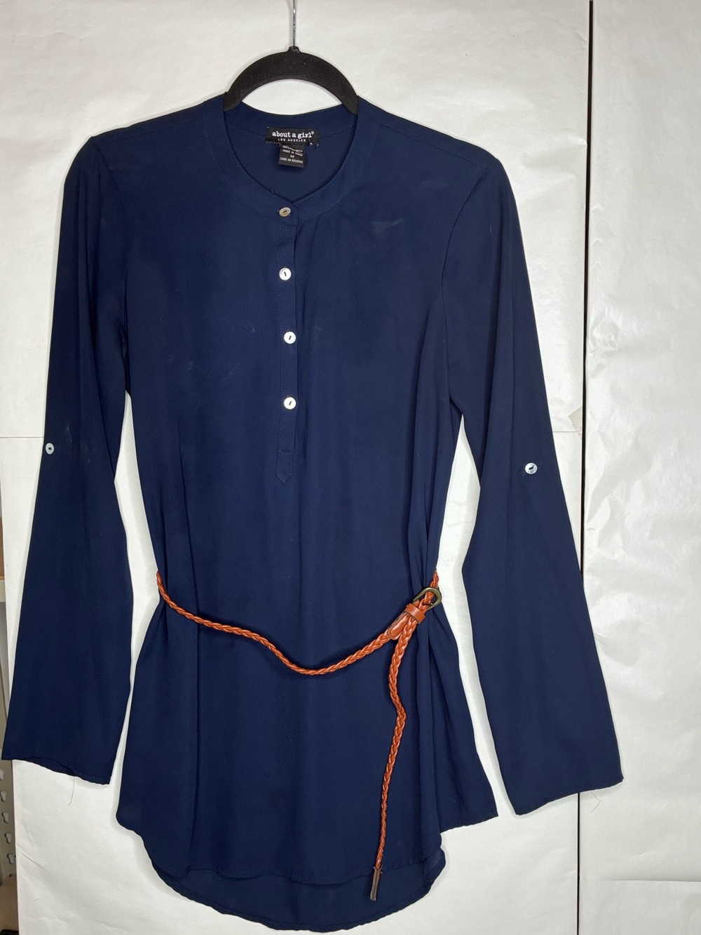 About A Girl Navy Long-Sleeve Henley Tunic with Braided Tan Belt